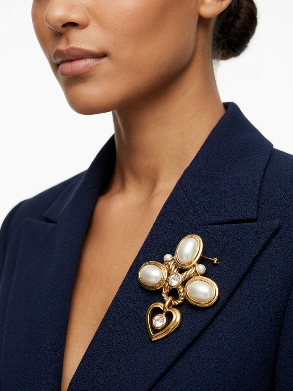 Gold-Tone Pearl Heart Statement Brooch - Elegant Women Jewelry